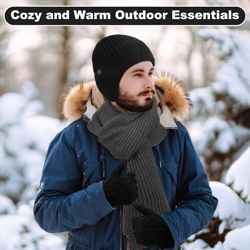 8 Pcs Winter Warm Set for Men Black Knitted Beanie Earflap Cap Touchscreen Half Finger Glove Scarf Socks in Kuwait