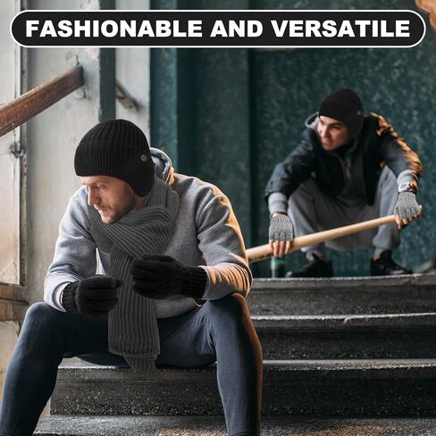 8 Pcs Winter Warm Set for Men Black Knitted Beanie Earflap Cap Touchscreen Half Finger Glove Scarf Socks in Kuwait