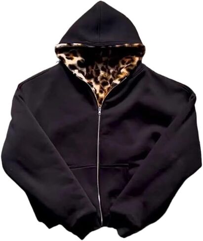 CUTEGAL Zip Up Hoodie Oversized Leopard Print Jacket Reversible Streetwear Fall Grunge Hoodies Streetwear in Kuwait