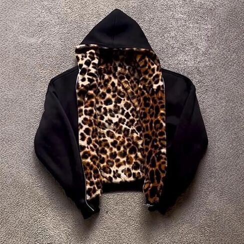 CUTEGAL Zip Up Hoodie Oversized Leopard Print Jacket Reversible Streetwear Fall Grunge Hoodies Streetwear in Kuwait