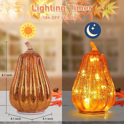 DECORKEY Fall Decorations for Home, Set of 3 Glass Pumpkin with LED Lights Thanksgiving Table Decor, Timer Lighted Pumpkin Decorations for Indoor Fall Mantel Decorating (Orange) in Kuwait