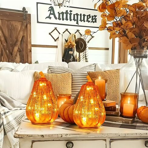 DECORKEY Fall Decorations for Home, Set of 3 Glass Pumpkin with LED Lights Thanksgiving Table Decor, Timer Lighted Pumpkin Decorations for Indoor Fall Mantel Decorating (Orange) in Kuwait