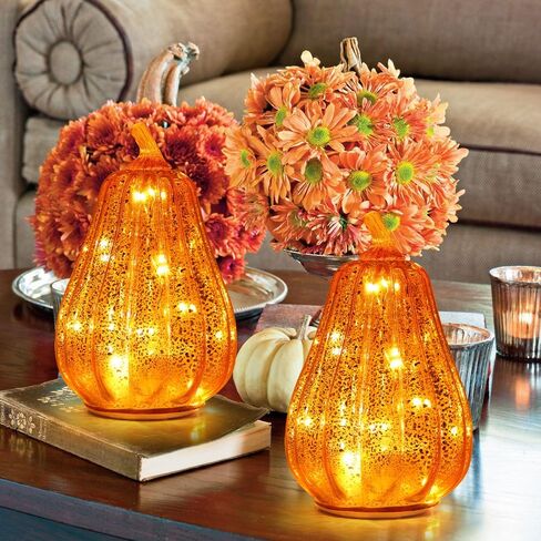 DECORKEY Fall Decorations for Home, Set of 3 Glass Pumpkin with LED Lights Thanksgiving Table Decor, Timer Lighted Pumpkin Decorations for Indoor Fall Mantel Decorating (Orange) in Kuwait