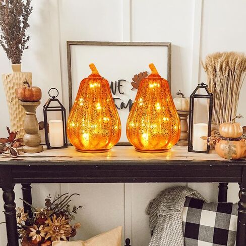 DECORKEY Fall Decorations for Home, Set of 3 Glass Pumpkin with LED Lights Thanksgiving Table Decor, Timer Lighted Pumpkin Decorations for Indoor Fall Mantel Decorating (Orange) in Kuwait