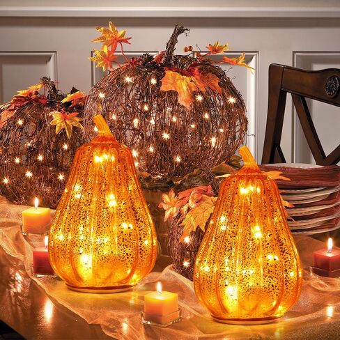 DECORKEY Fall Decorations for Home, Set of 3 Glass Pumpkin with LED Lights Thanksgiving Table Decor, Timer Lighted Pumpkin Decorations for Indoor Fall Mantel Decorating (Orange) in Kuwait