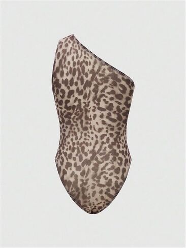 Milumia Women's Leopard One Shoulder Mesh Bodysuit Ruched Asymmetrical Fitted Tank Tops in Saudi Arabia