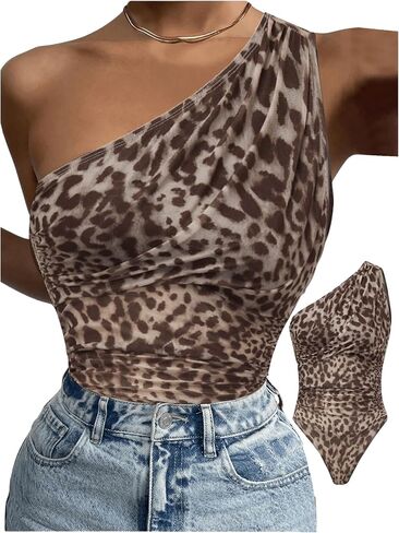 Milumia Women's Leopard One Shoulder Mesh Bodysuit Ruched Asymmetrical Fitted Tank Tops in Saudi Arabia
