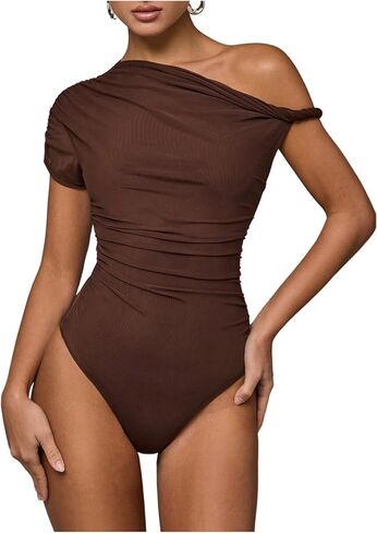 SweatyRocks Women's Off the Shoulder Bodysuit Leotard Short Sleeve Ruched Y2k Going Out Tops in Saudi Arabia