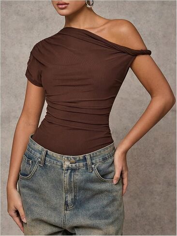 SweatyRocks Women's Off the Shoulder Bodysuit Leotard Short Sleeve Ruched Y2k Going Out Tops in Saudi Arabia