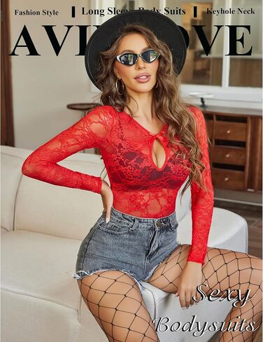Avidlove إمرأة شبكة كم طويل الجسم الدعاوى انظر من خلال بودسوت/ قطعة واحدة من الدانتيل جولة الرقبة شير ثياب ثقب المفتاح انقطاع in Saudi Arabia