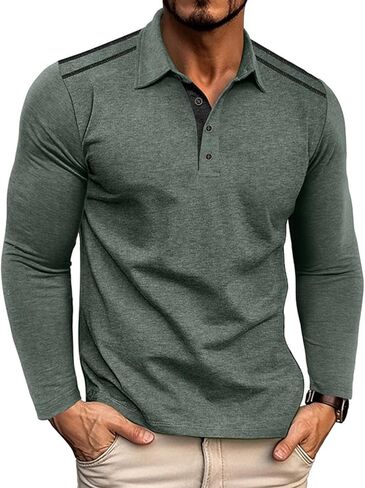 Mens Casual Long Sleeve Polo Shirts Classic Button Golf Shirt Cotton Collared Polo Tee Shirts Stylish Tops in Saudi Arabia