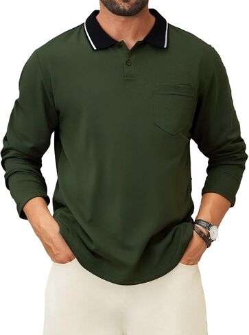 Men's Polo Shirts Long Sleeve Cotton Fashion Polos Tee Shirt Classic Basic Work Collared Shirt with Pocket in Saudi Arabia