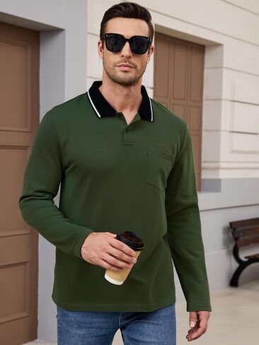 Men's Polo Shirts Long Sleeve Cotton Fashion Polos Tee Shirt Classic Basic Work Collared Shirt with Pocket in Saudi Arabia