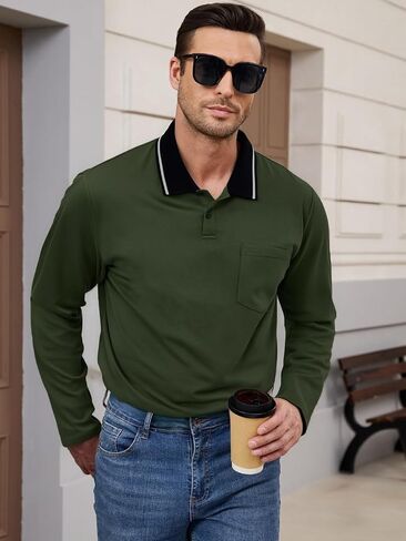 Men's Polo Shirts Long Sleeve Cotton Fashion Polos Tee Shirt Classic Basic Work Collared Shirt with Pocket in Saudi Arabia