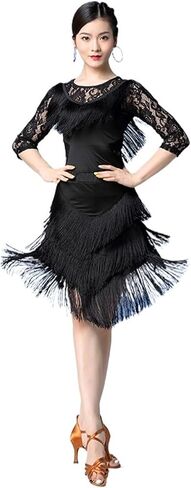 Women Dance Clothes Salsa Samba Wear Long Sleeves 2 Pieces Fringes Latin Dresses Top and Short Skirt for Dance and Performance(Black Design 1,XL) in Saudi Arabia