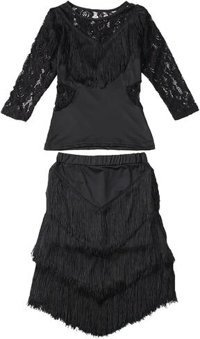 Women Dance Clothes Salsa Samba Wear Long Sleeves 2 Pieces Fringes Latin Dresses Top and Short Skirt for Dance and Performance(Black Design 1,XL) in Saudi Arabia
