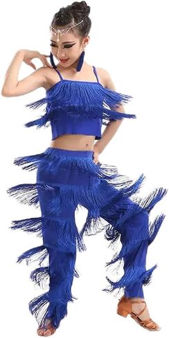 Latin Dance Costumes Ballroom Plus Size Fringe Tassel Dress Pants Girls Sequin Salsa Samba Stage Outfits Costume for Dance and Performance(Blue,170cm) in Saudi Arabia