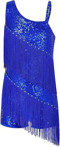Sequins Latin Dance Dress for Girls Sleeveless Fringe Tassel Modern Ballroom Tango Rumba Salsa Professional Dancewear for Dance and Performance(1- Blue,10) in Saudi Arabia