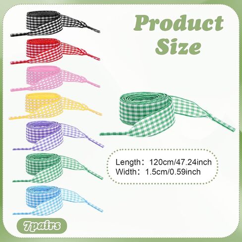 7 Pairs Gingham Shoe Laces for Women, Colorful 1.5cm Wide Ribbon Checkered Plaid Shoe Laces Replacement for Sneakers Boots Ballet Flats and DIY Hair Bands Anklets Bracelets in Saudi Arabia