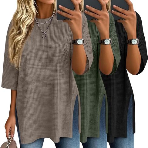 3 Pack Women's 3/4 Sleeve Waffle Knit Tops Oversized Crewneck T-Shirts Loose Casual Blouses Side Split Tees in Saudi Arabia