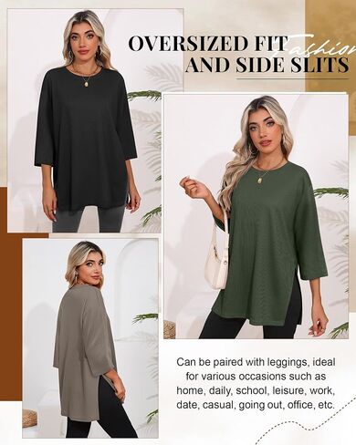 3 Pack Women's 3/4 Sleeve Waffle Knit Tops Oversized Crewneck T-Shirts Loose Casual Blouses Side Split Tees in Saudi Arabia