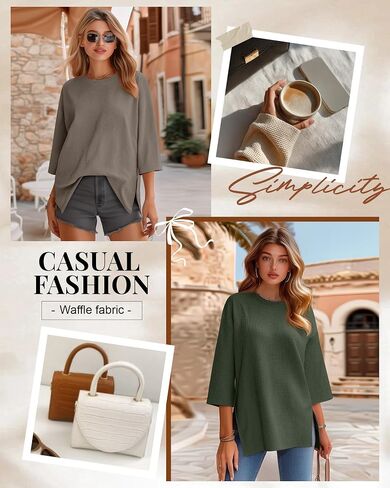 3 Pack Women's 3/4 Sleeve Waffle Knit Tops Oversized Crewneck T-Shirts Loose Casual Blouses Side Split Tees in Saudi Arabia