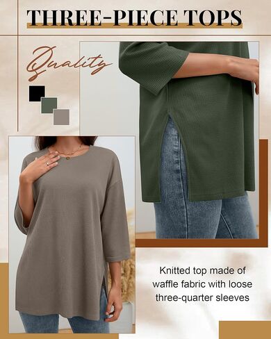 3 Pack Women's 3/4 Sleeve Waffle Knit Tops Oversized Crewneck T-Shirts Loose Casual Blouses Side Split Tees in Saudi Arabia