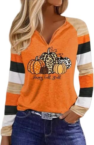 Notch Neck Fall T-Shirt for Women Family Halloween Thanksgiving Tops Thankful Pumpkin Turkey Tees in Kuwait
