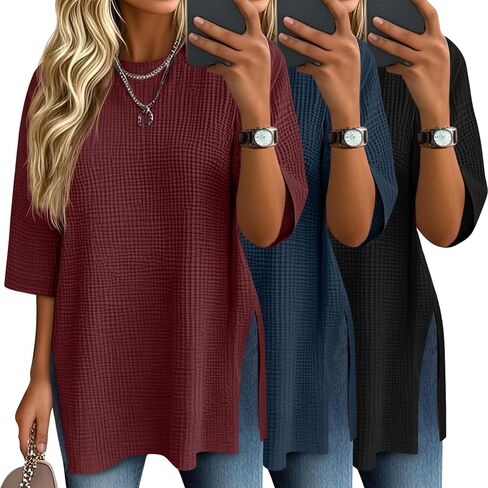 3 Pack Women's 3/4 Sleeve Waffle Knit Tops Oversized Crewneck T-Shirts Loose Casual Blouses Side Split Tees in Saudi Arabia
