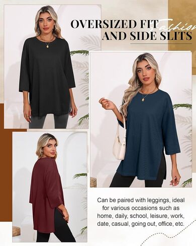 3 Pack Women's 3/4 Sleeve Waffle Knit Tops Oversized Crewneck T-Shirts Loose Casual Blouses Side Split Tees in Saudi Arabia