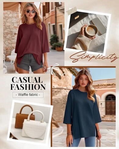 3 Pack Women's 3/4 Sleeve Waffle Knit Tops Oversized Crewneck T-Shirts Loose Casual Blouses Side Split Tees in Saudi Arabia
