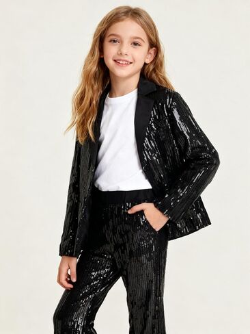 WELAKEN Girls Sequin Flare Pants Sparkle Elastic Waist Dance Pants with Pockets in Kuwait