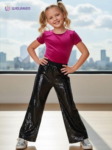 WELAKEN Girls Sequin Flare Pants Sparkle Elastic Waist Dance Pants with Pockets in Kuwait