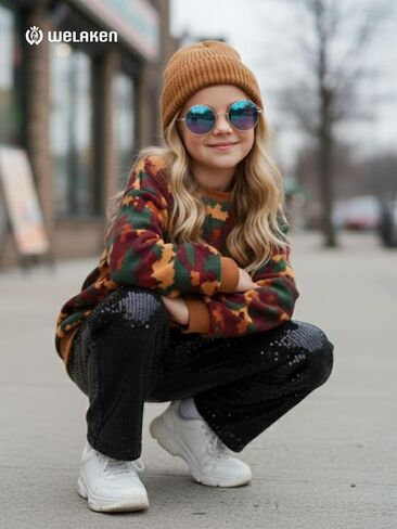 WELAKEN Girls Sequin Flare Pants Sparkle Elastic Waist Dance Pants with Pockets in Kuwait