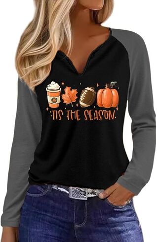 Notch Neck Fall T-Shirt for Women Family Halloween Thanksgiving Tops Thankful Pumpkin Turkey Tees in Kuwait