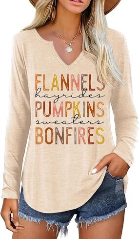 Notch Neck Fall T-Shirt for Women Family Halloween Thanksgiving Tops Thankful Pumpkin Turkey Tees in Kuwait