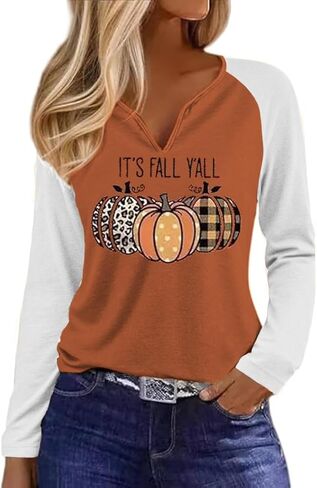 Notch Neck Fall T-Shirt for Women Family Halloween Thanksgiving Tops Thankful Pumpkin Turkey Tees in Kuwait