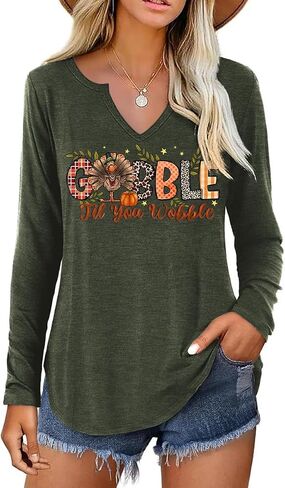Notch Neck Fall T-Shirt for Women Family Halloween Thanksgiving Tops Thankful Pumpkin Turkey Tees in Kuwait