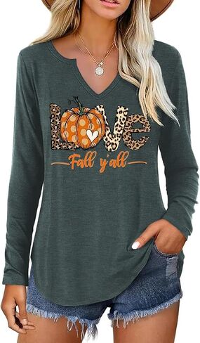 Notch Neck Fall T-Shirt for Women Family Halloween Thanksgiving Tops Thankful Pumpkin Turkey Tees in Kuwait