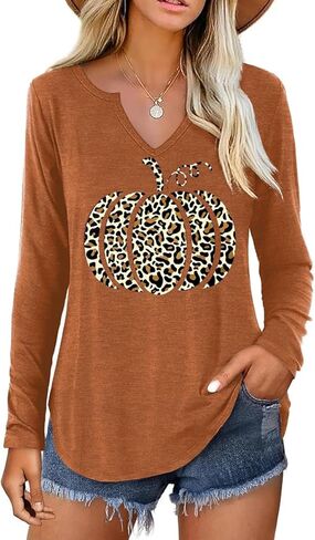 Notch Neck Fall T-Shirt for Women Family Halloween Thanksgiving Tops Thankful Pumpkin Turkey Tees in Kuwait