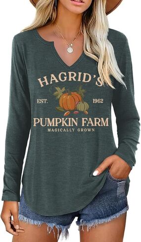Notch Neck Fall T-Shirt for Women Family Halloween Thanksgiving Tops Thankful Pumpkin Turkey Tees in Kuwait