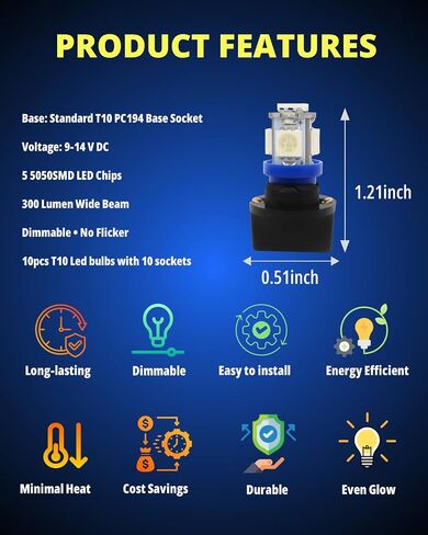 WLJH 10 حزمة قاعدة الدوائر المطبوعة T10 194 168 مصباح LED PC194 PC195 PC160 PC161 PC168 لوحة قياس لوحة القيادة لوحة القيادة السيارات متعددة الأغراض لمبة الضوء الأزرق in Kuwait