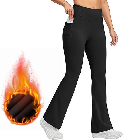 Women's Fleece Lined Leggings Winter Thermal Warm Bootcut Flare Legging High Waisted Soft Yoga Pants with Pockets in Saudi Arabia