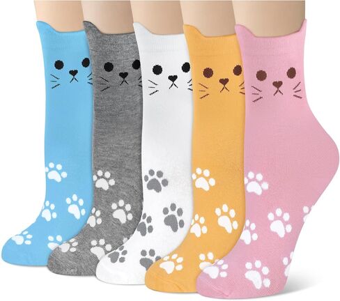 YSense 5 Pairs Womens Cute Socks Dog Cat Novelty Animal Socks Girl Cartoon Cotton Casual Crew Funny Socks Gifts in Kuwait