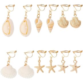 UNICRAFTALE 6 Pairs 6Styles 304 Stainless Steel Clip-on Earring Golden Ocean Dangle Ears Non-Pierced Earrings Summer Theme Ears Natural Shell Clip-on Earring for Women Gifts in Kuwait