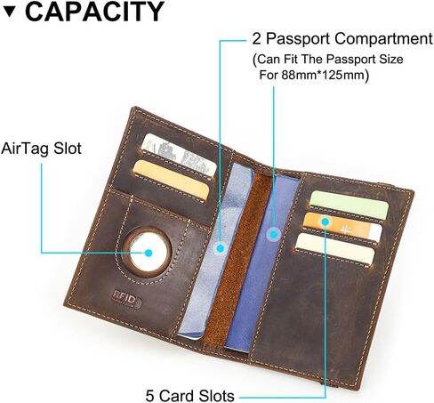 Contacts Full Grain Leather Airtag Passport Holder RFID Blocking Travel Passport Wallet Slim Passport Cover Case for 2 Passports, 5 Card Slots with Logo in Kuwait