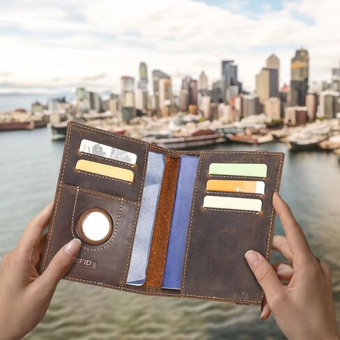 Contacts Full Grain Leather Airtag Passport Holder RFID Blocking Travel Passport Wallet Slim Passport Cover Case for 2 Passports, 5 Card Slots with Logo in Kuwait