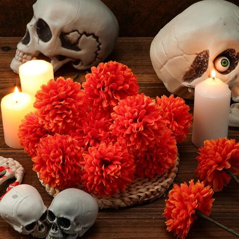 24 Pcs Marigold Flowers Bulk Halloween Chrysanthemum Ball Bouquets for Day of Dead 2.76" Artificial Flowers for Diwali Indian Decor DIY Wreath Garland(Orange) in Kuwait