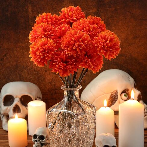 24 Pcs Marigold Flowers Bulk Halloween Chrysanthemum Ball Bouquets for Day of Dead 2.76" Artificial Flowers for Diwali Indian Decor DIY Wreath Garland(Orange) in Kuwait
