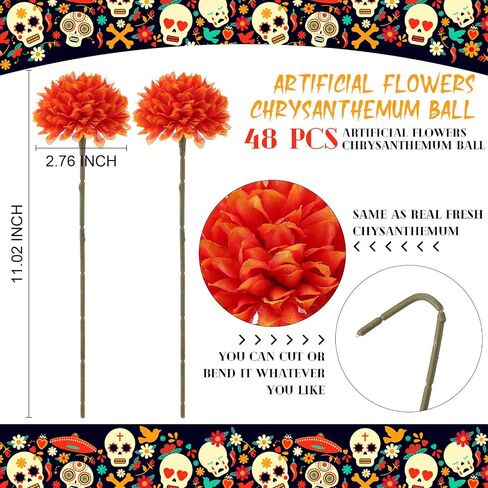 24 Pcs Marigold Flowers Bulk Halloween Chrysanthemum Ball Bouquets for Day of Dead 2.76" Artificial Flowers for Diwali Indian Decor DIY Wreath Garland(Orange) in Kuwait
